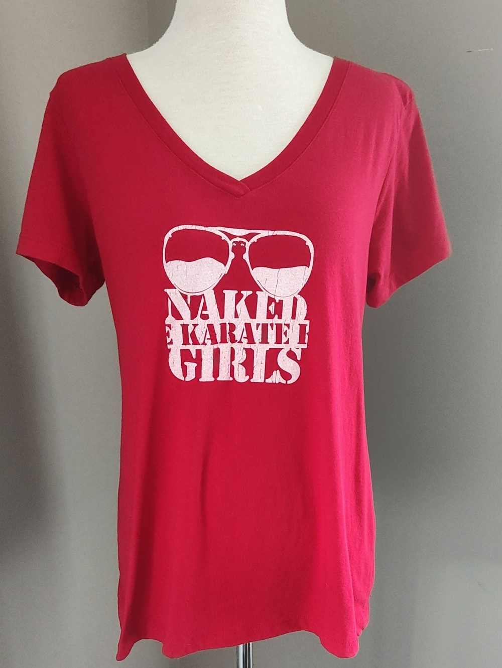 Naked Karate Girls Red V-Neck Graphic Cotton Tee for Women